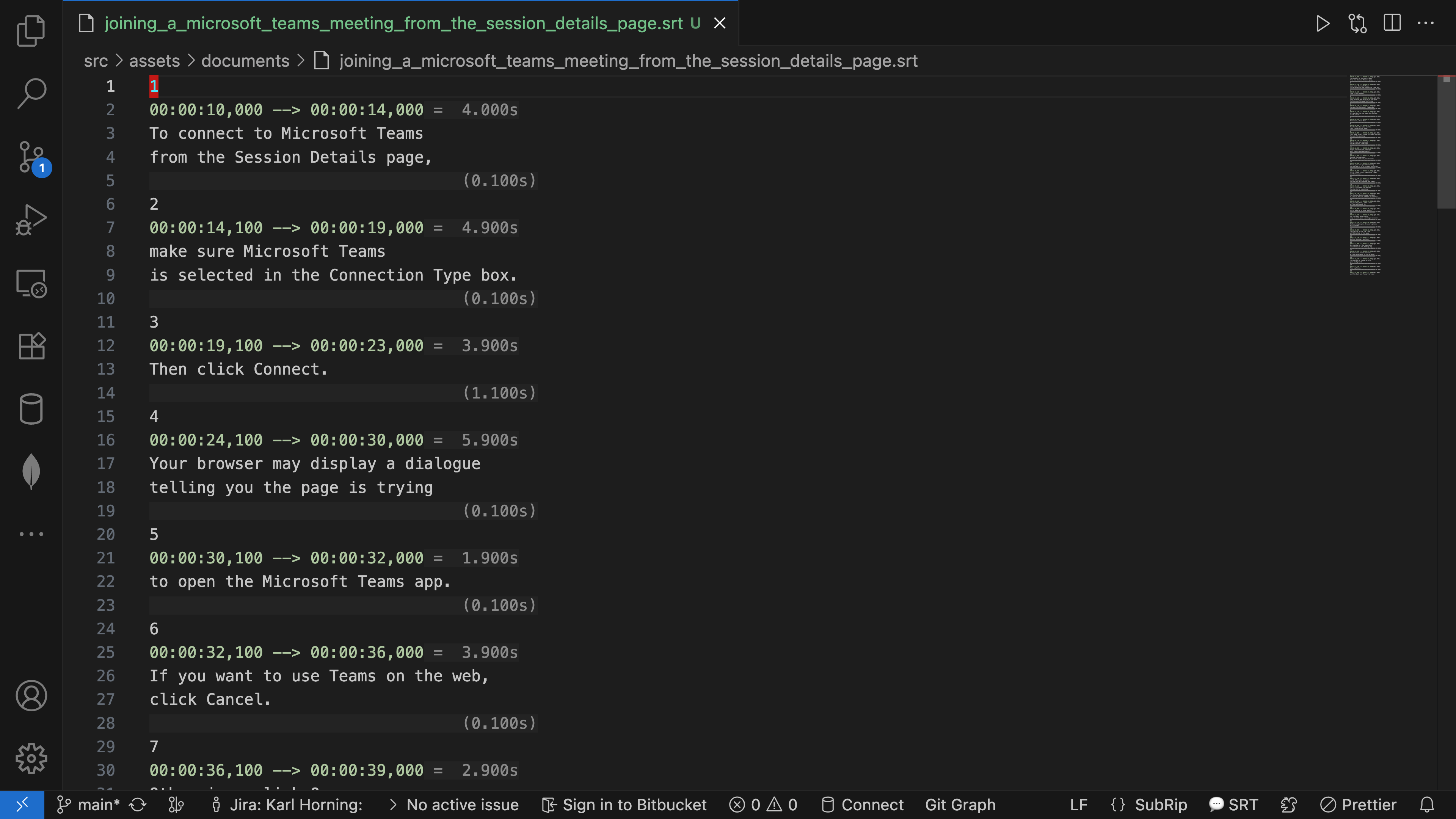 A screenshot of manually editing subtitles in Visual Studio Code A screenshot of manually editing subtitles in Visual Studio Code