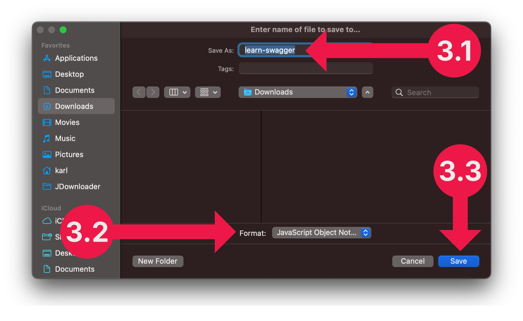 Browser prompt to save the learn-swagger.json file as a JSON document.