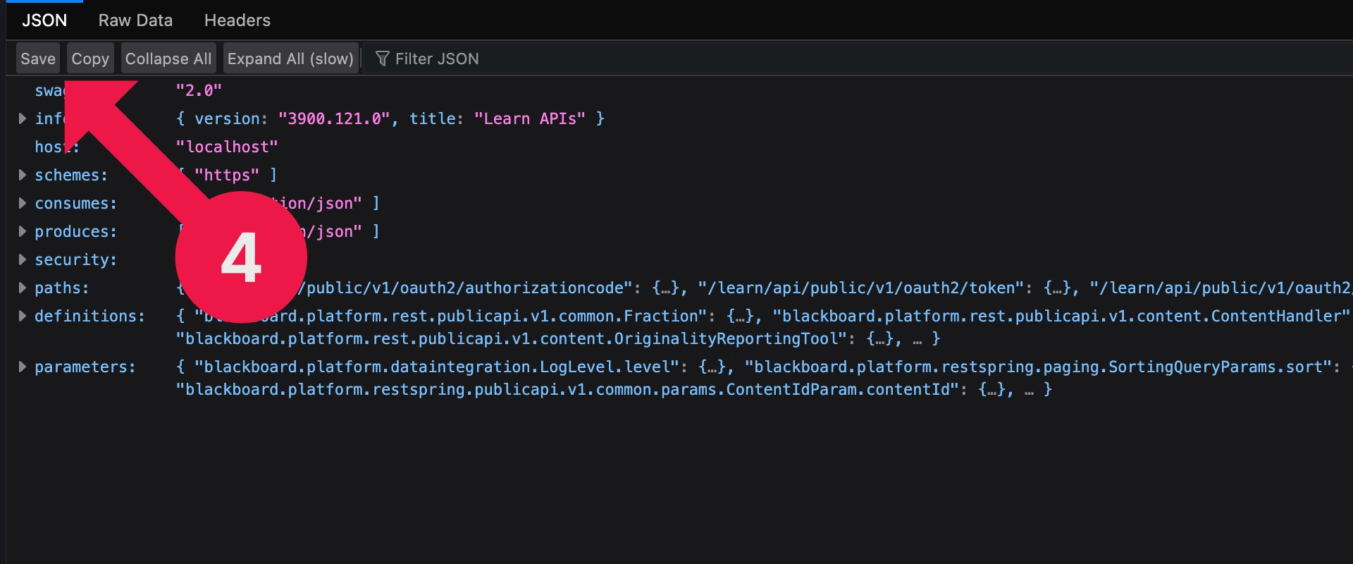 JSON Swagger file open in a browser tab with the Save button highlighted.