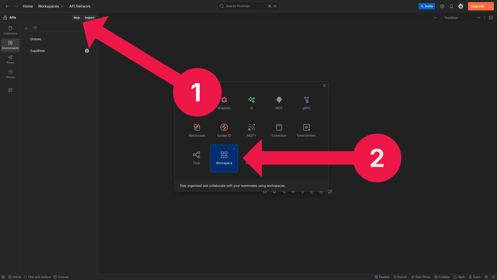 Postman interface showing how to create a new workspace from the New menu.