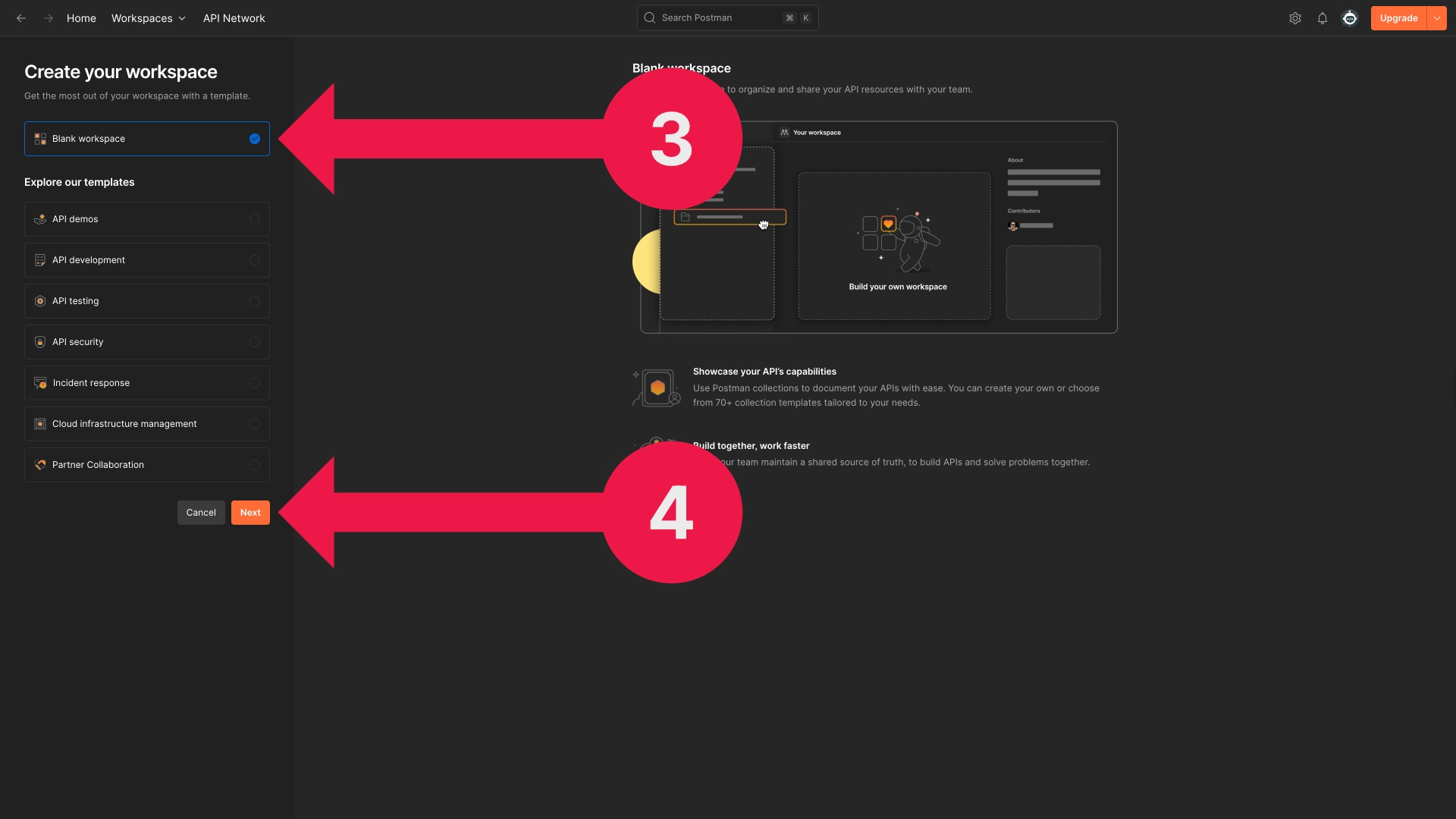 Postman workspace creation window with "Blank workspace" selected.