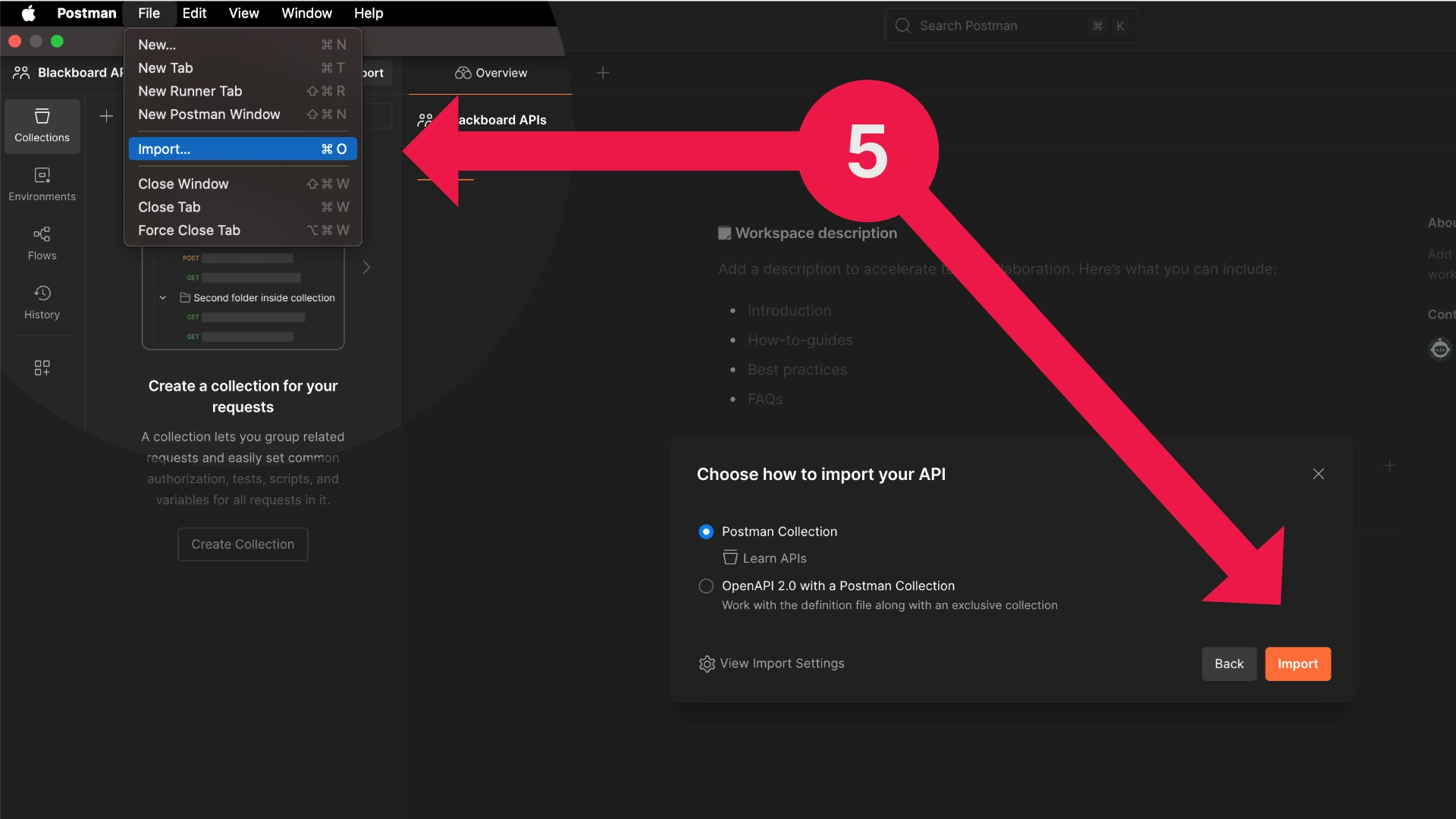 Postman interface with the Import window open, selecting the Swagger file as a Postman Collection.