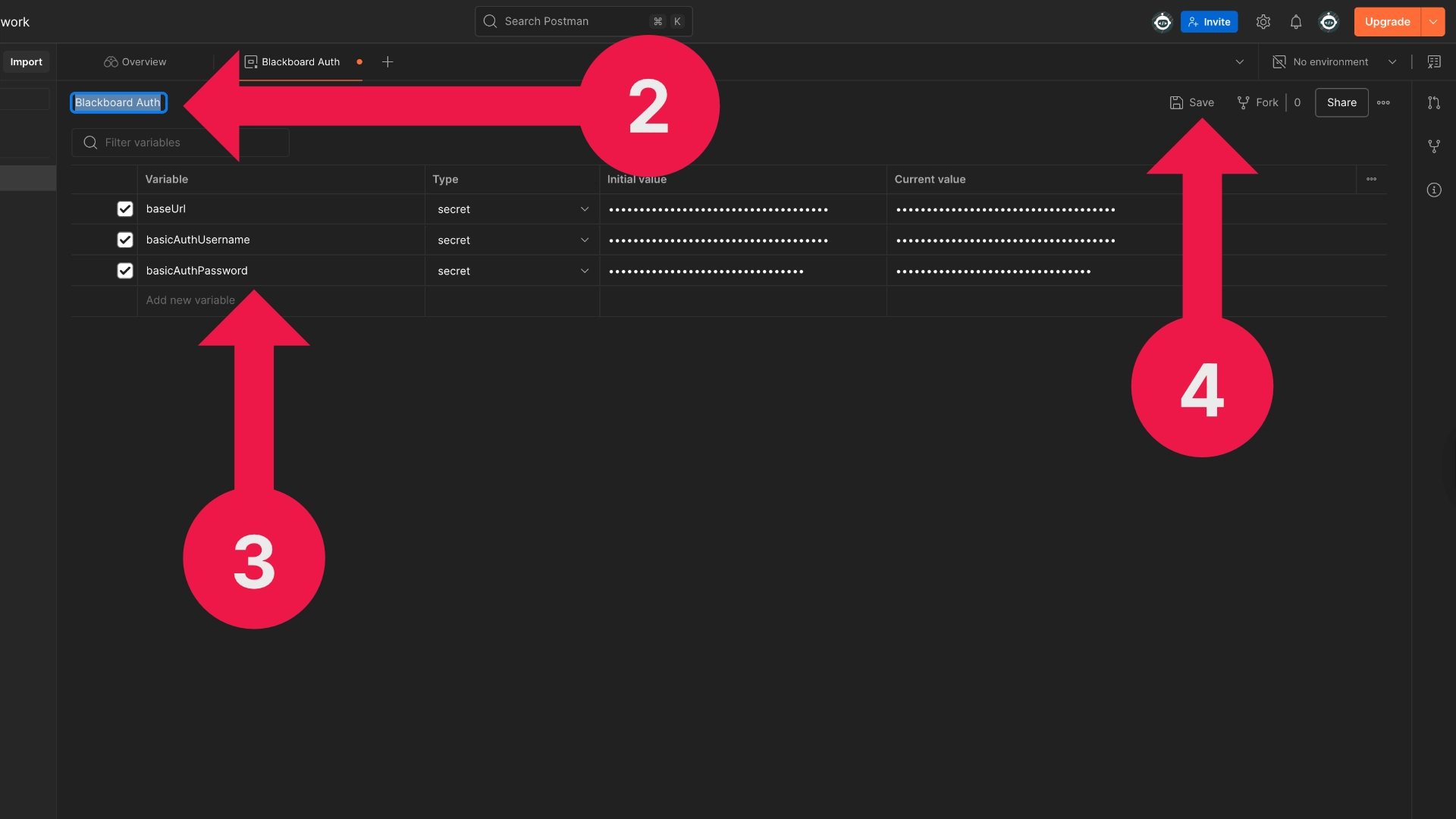 Postman environment editor showing variables for base URL, client username, and client password.