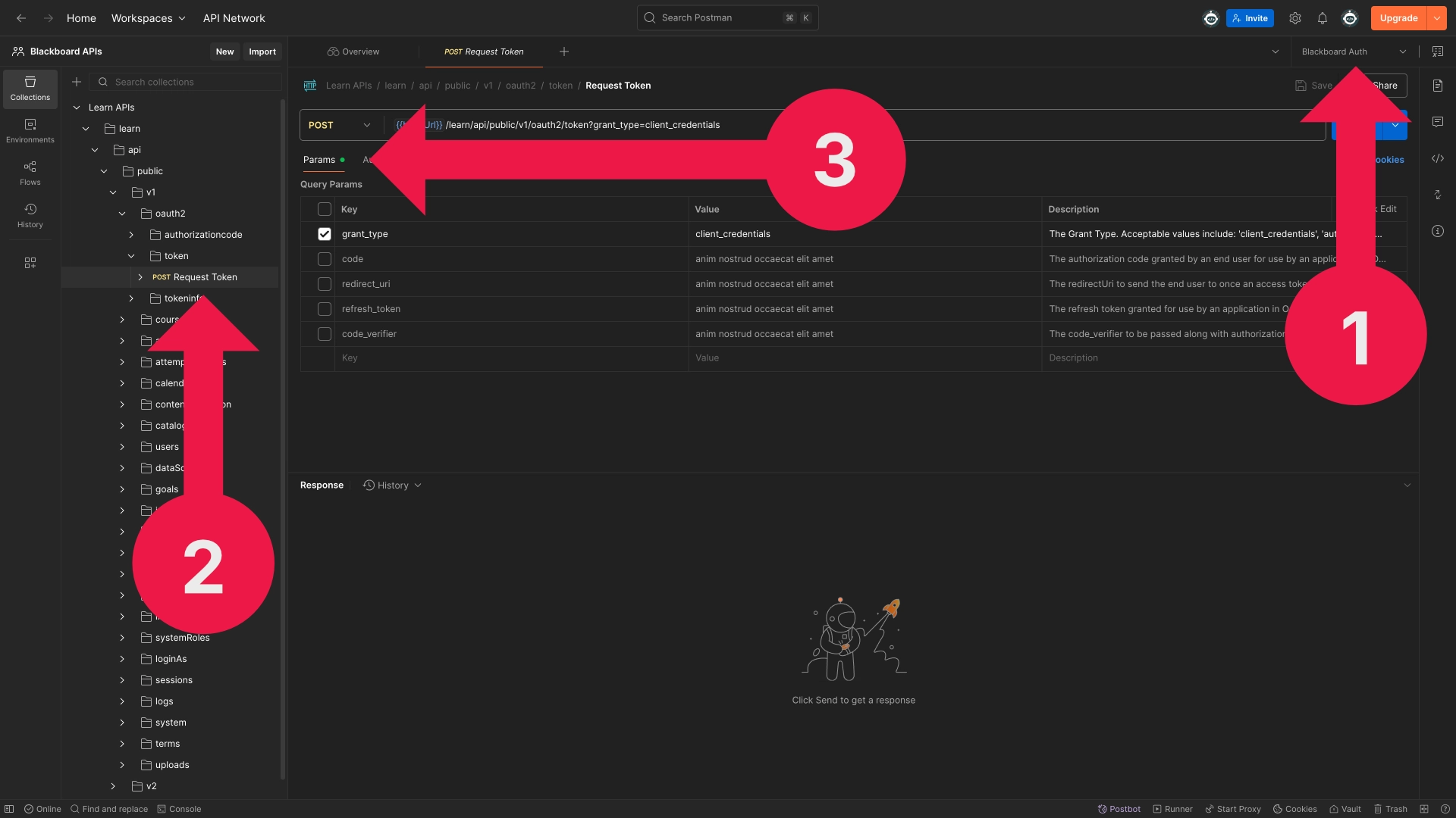 Postman Params tab with only the grant_type parameter selected and set to client_credentials. Postman Params tab with only the grant_type parameter selected and set to client_credentials.