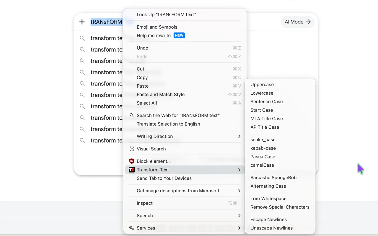The Transform Text context menu open in a browser, showing the list of case, code-format, and cleanup transformations available for the selected text