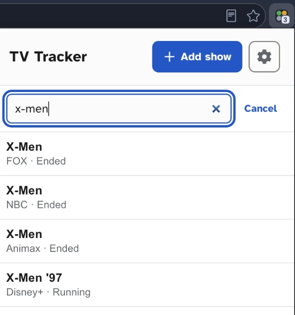 The TV Tracker popup open from the browser toolbar, searching for "x-men" and showing a list of matching shows to add