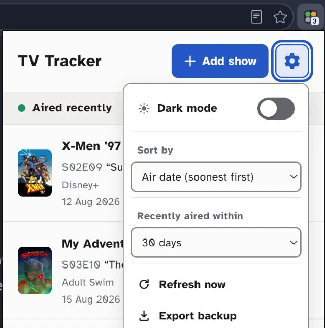 The TV Tracker popup open from the browser toolbar, showing the settings menu with dark mode, sort order, recently aired window, refresh, export, and import options